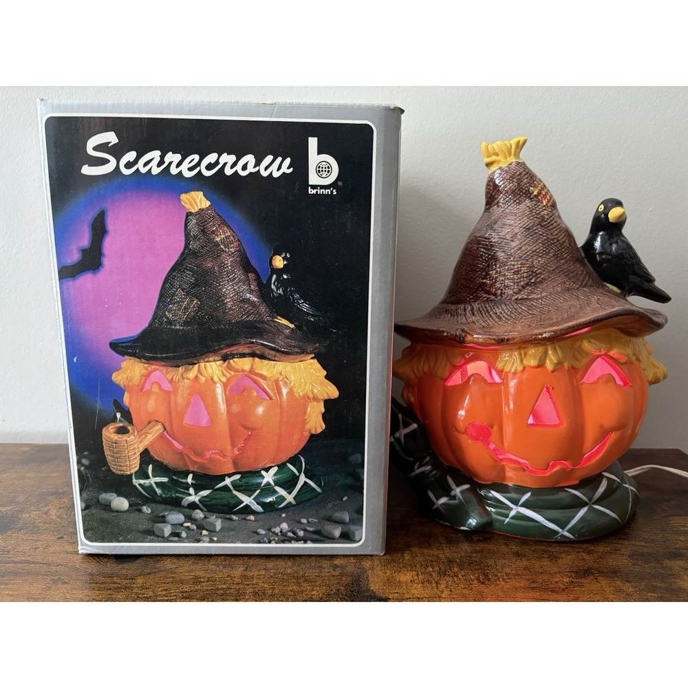 Vintage Halloween 1987 Brinn's Scarecrow Pumpkin Ceramic Light Up Hand Painted